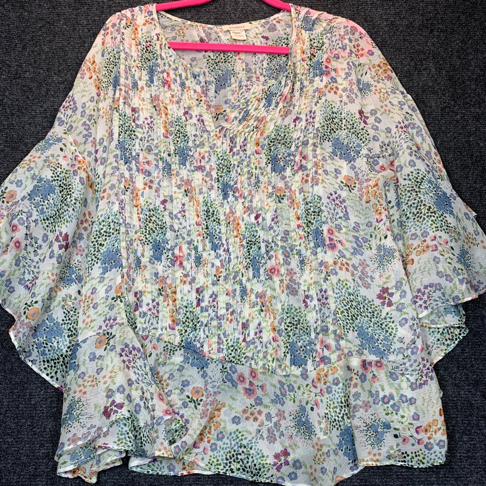 Sundance Floral Chiffon Blouse L Peasant Layer Boho Fairy Pleated Romantic Top